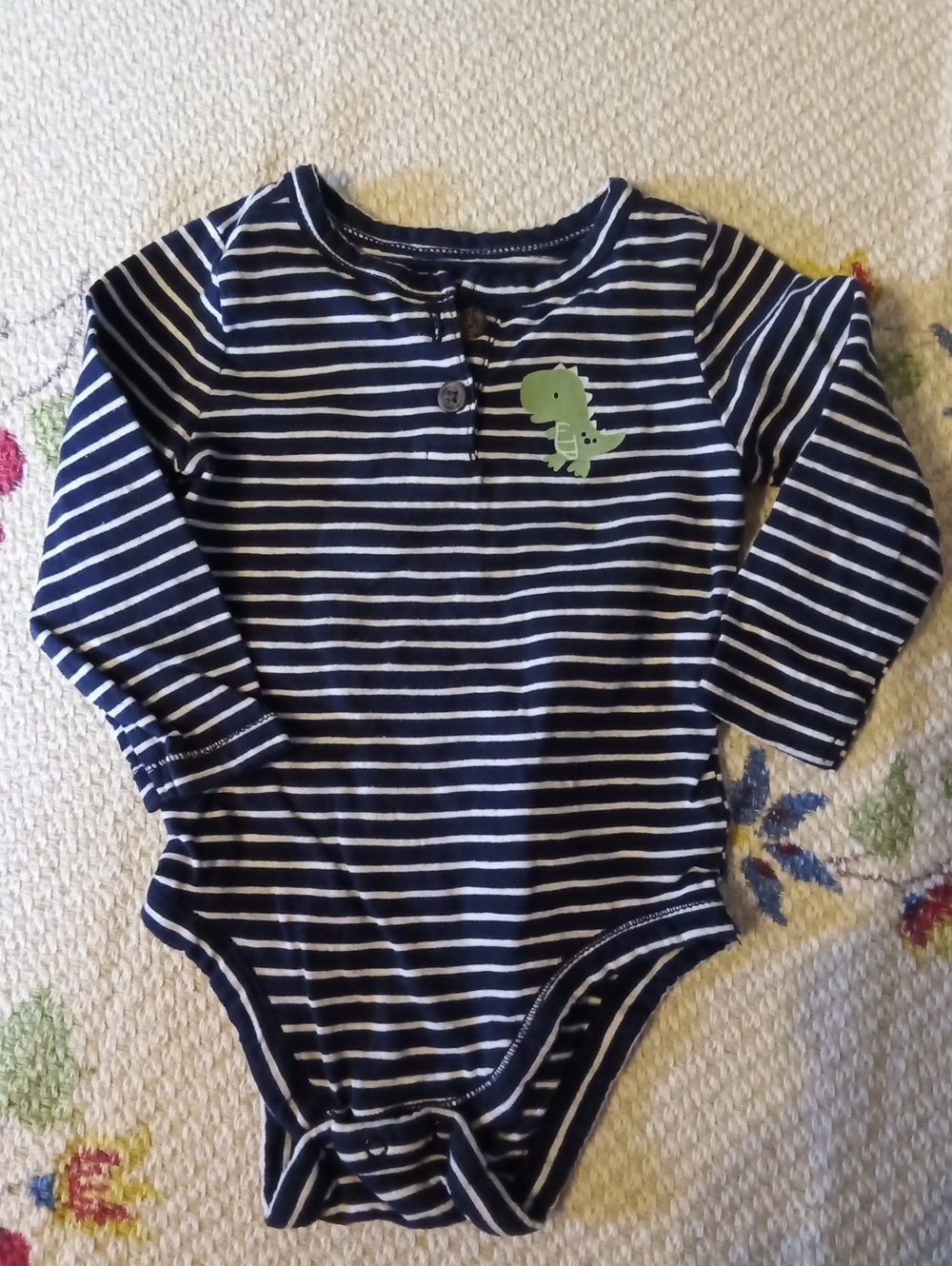Old Navy Navy and White Striped Long-Sleeve One-Piece with Green Dino